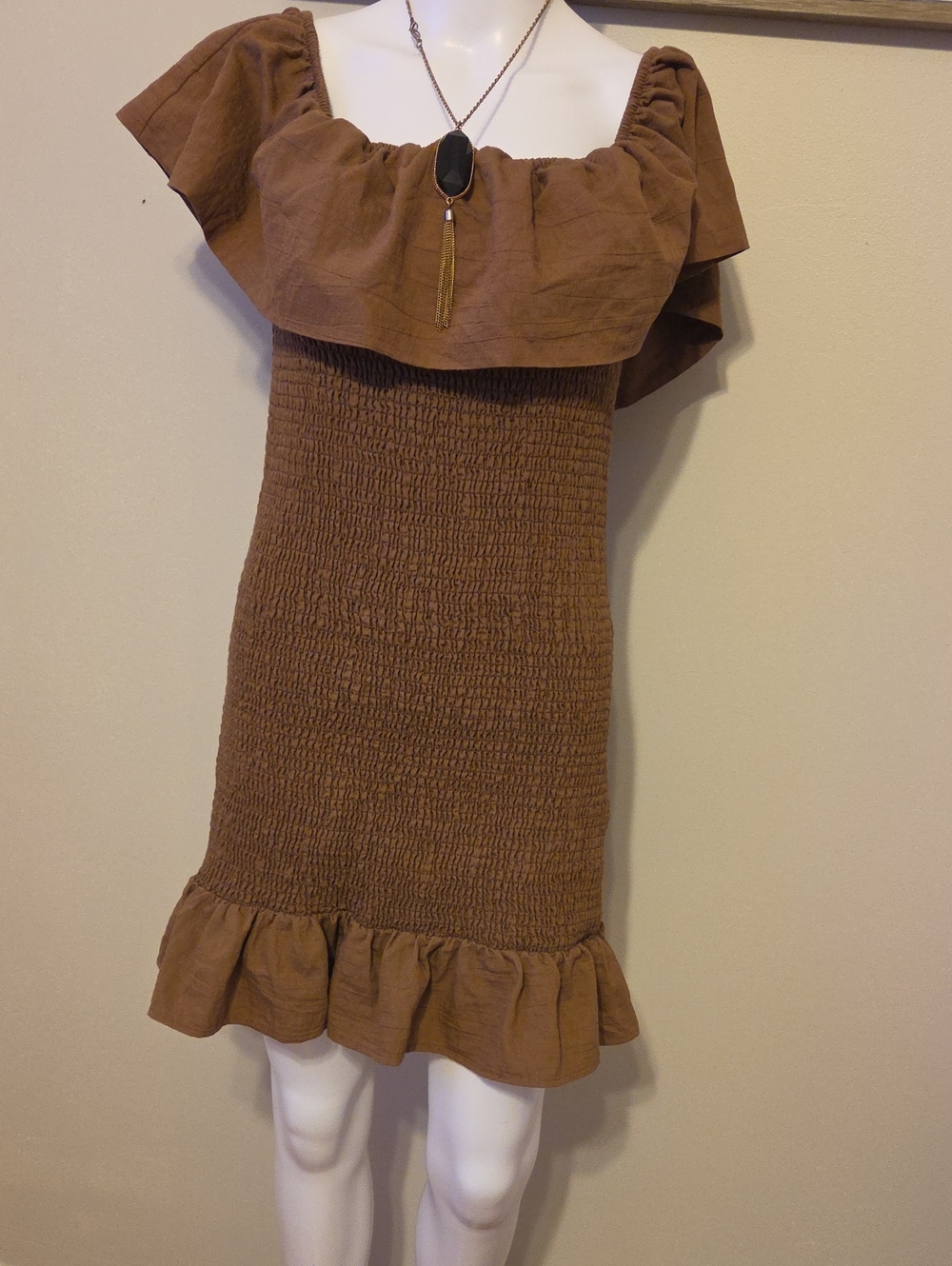 Anthropologie Smocked Ruffle Mini Dress Chocolate Brown Large